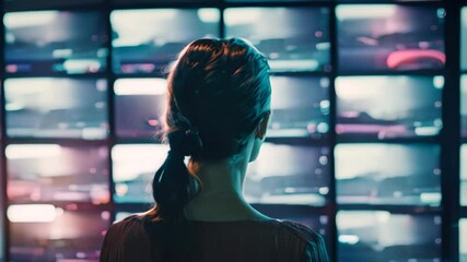 Poster - A woman stands facing a wall of brightly lit screens, her back to the viewer, Creating interactive content to engage with audiences