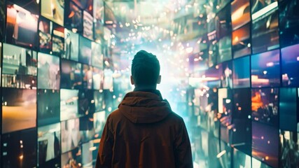 Poster - A person stands in front of a wall of screens, each showcasing different types of digital content, Creating interactive content to engage with audiences