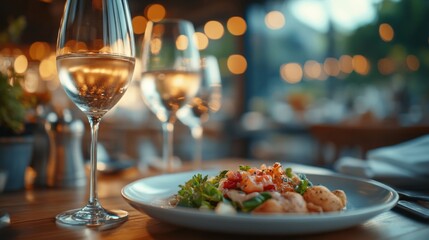 Poster - A plate of food with a glass of wine on a table
