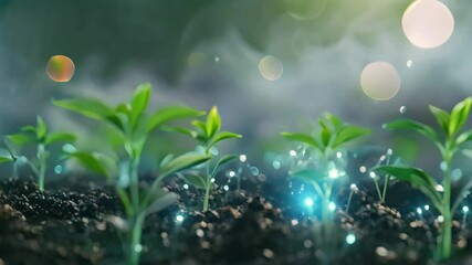 Poster - green plant seedlings growing and expanding in soil under a blue sky, creative visualization of scal