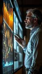 Poster - A businessman analyzing stock market data on a large screen.