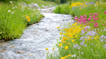 Freshwater river flows gently through blooming spring flowers in nature