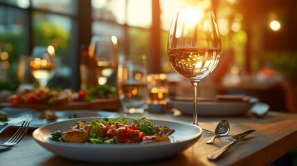Poster - A table with a white plate of food and a wine glass