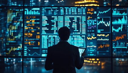 Wall Mural - A businessman stands in front of a large screen displaying financial data.