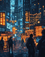 A bustling, futuristic city street filled with neon lights and digital displays.