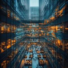 Poster - A bustling urban atrium with a modern glass facade and glowing lights.