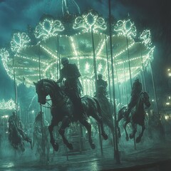 Poster - A carousel with horses lit up by colorful lights under a night sky.