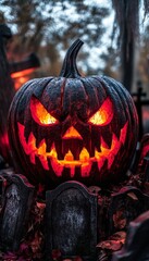 Canvas Print - A carved pumpkin with a menacing grin sits in a graveyard, illuminated by a flickering candle inside.