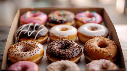 Delight in neatly packed box of colorful donuts featuring vibrant icing and various toppings, perfect for any sweet occasion