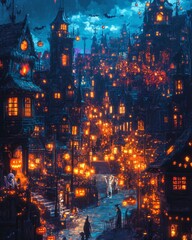 Poster - A charming,  spooky town illuminated with warm, glowing lights and decorated for Halloween, featuring a couple walking along a cobblestone path lit by lanterns.