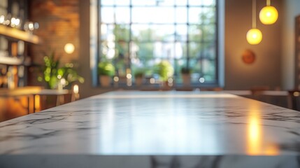 Poster - A white marble countertop with a view of a window and a potted plant
