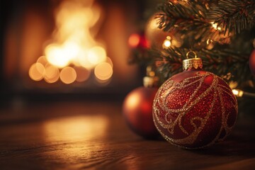 Poster - A close-up of a red Christmas ornament with gold detailing, resting on a wooden table in front of a cozy fireplace and decorated Christmas tree.