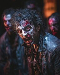 Canvas Print - A close-up of a zombie with a menacing expression, surrounded by other zombies.