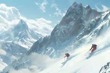 spectacular view of two intrepid travelers exhibiting their courage and excitement as they ski down a snow-covered mountain in front of the breathtaking alpine scenery, Generative AI.