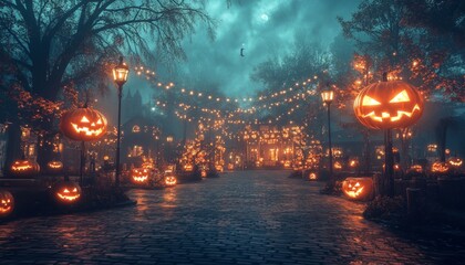 Wall Mural - A cobblestone street lined with glowing jack-o'-lanterns and strung lights leads to a mysterious, fog-shrouded town.