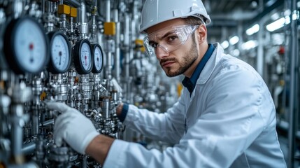 Poster - A man in a white lab coat is working on a machine with a white glove on his left