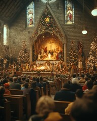 Poster - A congregation gathers in a church decorated for Christmas, with a nativity scene and Christmas trees.