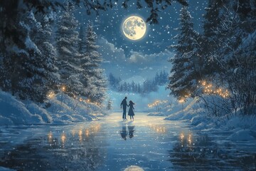 Wall Mural - A couple ice skating on a frozen lake under a full moon in a snowy forest.