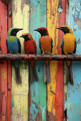 Colorful wooden bird sculptures on rustic painted background