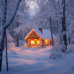 Sticker - A cozy cabin nestled in a snowy forest, glowing with warm light.