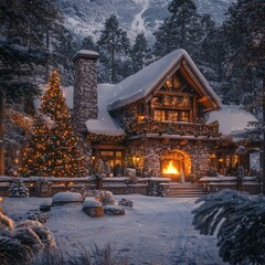 Wall Mural - A cozy cabin with a lit Christmas tree and a warm fireplace in a snowy forest setting.