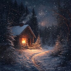 Sticker - A cozy cabin with a warm glow in the window sits nestled in a snowy forest, with a path leading towards it.