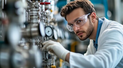 A man in a lab coat is wearing safety goggles and working on a machine