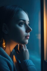 Depressed lonely young woman looking through the window