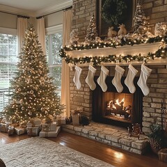 Canvas Print - A cozy living room with a decorated Christmas tree, a fireplace, and stockings hung by the chimney with care.