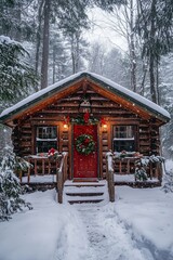 Poster - A cozy log cabin decorated for Christmas stands in a snowy forest.