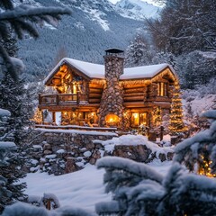 Wall Mural - A cozy log cabin with a stone chimney, nestled in a snowy mountainside.