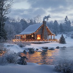 Wall Mural - A cozy log cabin with a warm fire glows on a snowy winter evening. The cabin is decorated with Christmas lights and sits beside a frozen river.