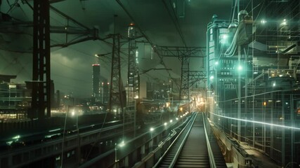 Poster - citys infrastructure at night with glowing lines shows critical systems disrupted by cyber attack, d