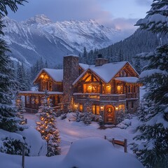 Wall Mural - A cozy, snow-covered cabin nestled in the mountains with a Christmas tree in the foreground.