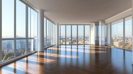 Poster - A large, empty room with a view of the city