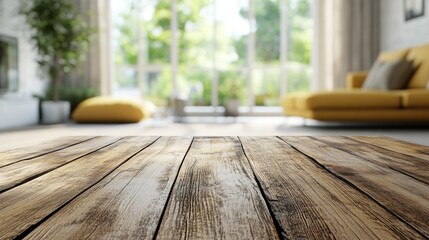 Poster - A wooden table with a yellow couch in the background
