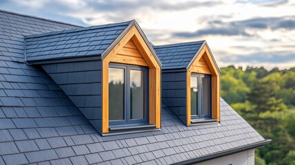Poster - A house with a blue roof and wooden trim