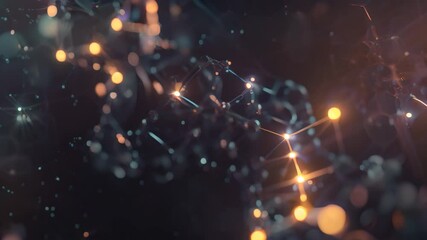 Poster - biotech companys molecular structure digitally depicted with connected atoms in blue and orange, des