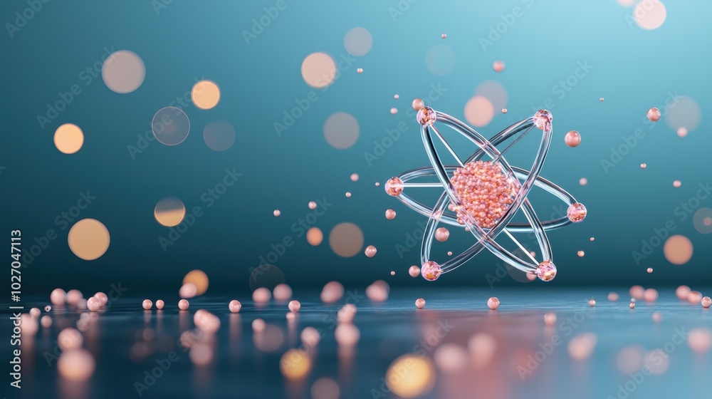 A model of an atom, with electrons orbiting the nucleus in glowing pink ...
