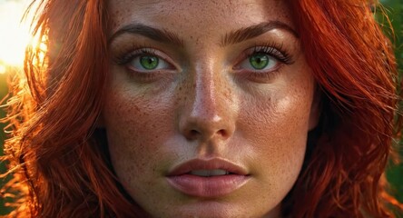 Glamorous portrait of a stunning Caucasian woman, freckled skin, green eyes