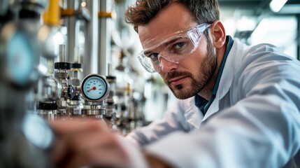 Aufkleber - A man in a lab coat is wearing safety goggles and looking at a gauge
