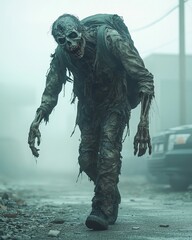 Canvas Print - A decaying zombie with a backpack walks down a fog-filled street.