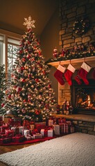 Poster - A decorated Christmas tree with gifts and stockings in front of a fireplace.