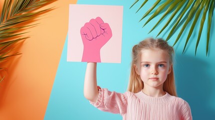 A young girl with a determined expression holds a pink protest sign high above her head, a clenched fist symbol emblazoned on the sign.