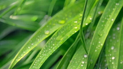 Poster - A close-up of dew drops sparkling on long green blades of grass in the early morning sunlight, Dew drops glistening on individual blades