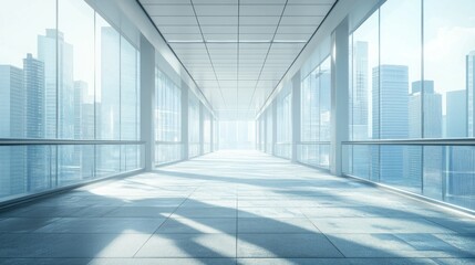 Wall Mural - A large, empty, white room with a view of the city