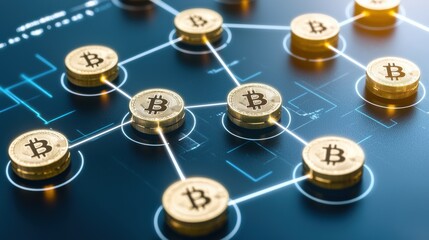 Poster - Digital Bitcoin Network with Golden Coins and Nodes