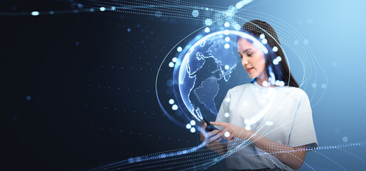 Poster - Young woman finger touch smartphone, earth globe hologram and online network