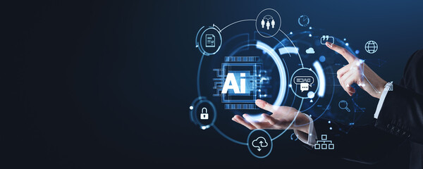 Poster - Digital technology concept with AI interface and hands interacting.