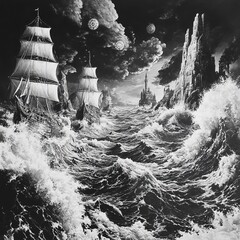 a dramatic black and white illustration of three sailing ships navigating through a stormy sea with 